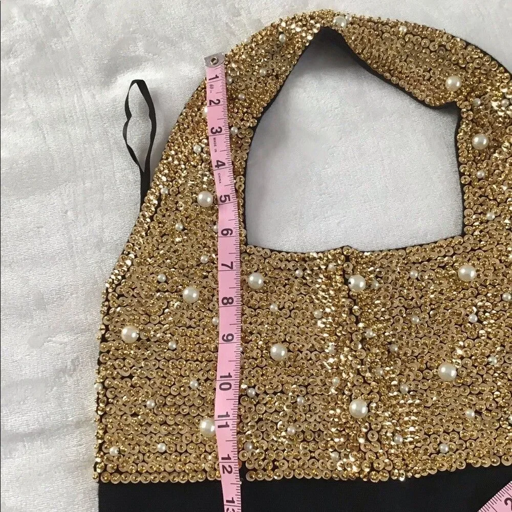 Outlander Studio Gold  Sequence Dress With White Pearls And Black  Bottom size M